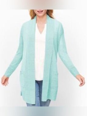 Talbots Aqua Linen Blend Open-Front Long Cardigan